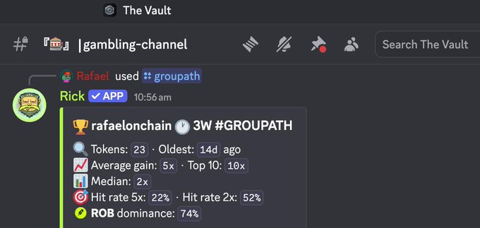 A Discord screenshot from the "gambling-channel" shows a stat card for "rafaelonchain" displaying a 5x average gain, 2x median, 22% hit rate at 5x, 52% hit rate at 2x, and 74% ROB dominance over 3 weeks, supporting the post's claim of strong performance on Robinhood memecoin gambles.