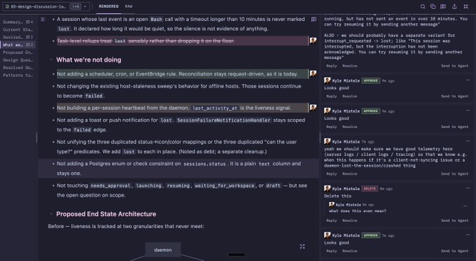 A Slack channel called "03-design-discussion" displays a technical design document review with headers like "What we're not doing" and "Proposed End State Architecture," alongside chat messages from users like "Summary" and "Kyle Mistelle" discussing optimization improvements and proposing liveness signals—providing context for the poster's question about how "dex" might react to their review of this design doc.