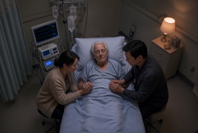 An elderly man lies in a hospital bed holding hands with a younger woman on his left and a younger man on his right, surrounded by medical monitors and IV equipment in a dimly lit room.