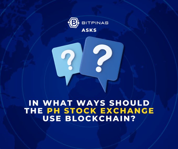 A graphic from BitPinas asking 'IN WHAT WAYS SHOULD THE PH STOCK EXCHANGE USE BLOCKCHAIN?' featuring two blue speech bubbles with question marks on a world map background.