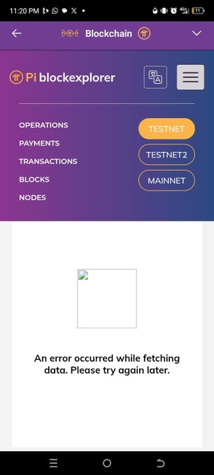 A screenshot of the Pi Blockexplorer app displaying the Mainnet option selected under the Blockchain menu, showing an error message "An error occurred while fetching data. Please try again later." This relates to the post by showing the Pi network's blockchain explorer interface where the new Mainnet AMM DEX module is expected to launch, potentially explaining the loading issue as users attempt to access the platform.