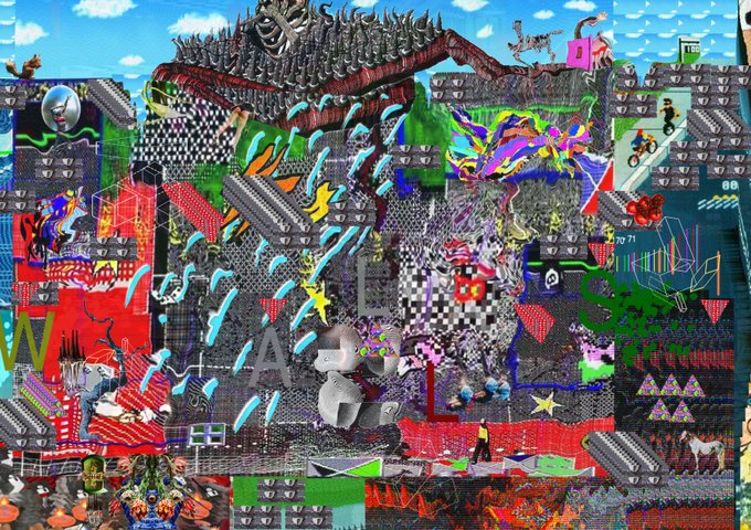 This vibrant, chaotic digital artwork features a central figure alongside a massive serpentine creature amidst a dense collage of pixelated platforms, arrows, and neon colors, visually embodying the meme-themed chaos referenced in the "WALL®" open edition NFT listing by @lewiejpd on objkt.com.