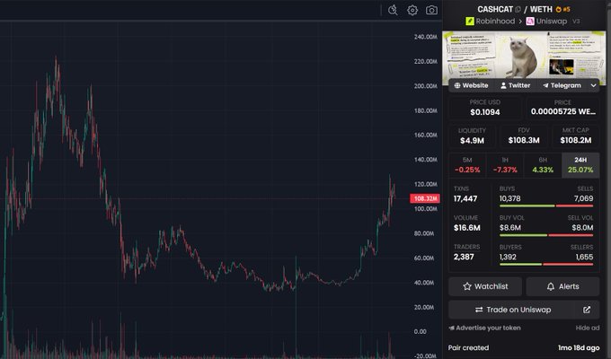 The image shows a CashCat (CASH) / WETH trading chart on UniSwap, trading at $0.1094 with a 24-hour gain of 25.07%, illustrating the post's claim about buying the dip following a sharp price recovery. The candlestick chart reveals a significant downtrend followed by a strong upward move, supporting the poster's bullish sentiment about reaching new all-time highs.