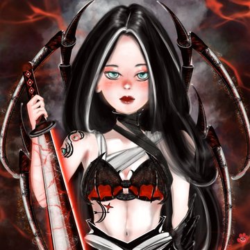 An anime-style digital illustration of a pale girl with long black hair, blue eyes, and a gothic black and red outfit holding a blade, set against a dark red and black background.
