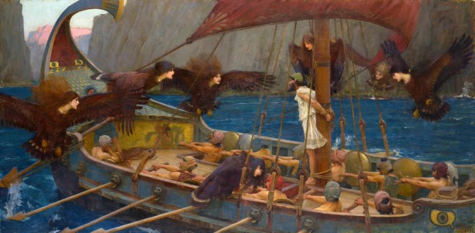 This image depicts the painting "Ulysses and the Sirens" by John William Waterhouse, showing sailors straining at their oars while they are bound to the ship, ignoring the winged Sirens whose enchanted song lures sailors to their deaths. The scene relates to the post as a metaphor for persevering through perilous, tempting journeys—suggesting that like Odysseus who endured great trials by resisting dangerous distractions, the poster's success required resisting temptation and persisting through hardship to achieve a life once unimaginable.