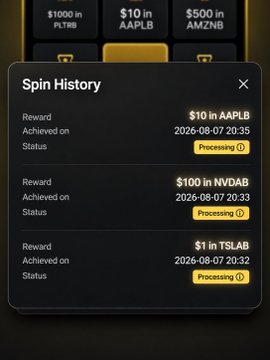 A pop-up "Spin History" window from the Binance bStock Spin campaign displays three recent wins: $10 in AAPL token stock voucher, $100 in NVDAB token stock voucher, and $1 in TSLAB token stock voucher, all dated 2026-08-07 and marked as "Processing," illustrating the $111+ total earnings referenced in the post about the $1–$1,000 bStock Spin promotion.