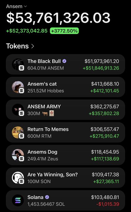A crypto portfolio tracker screenshot shows "Ansem" with a total value of $53,761,326.03, up +$52,373,042.85 (+3772.50%), featuring top holdings like "The Black Bull" (ANSEM), "Ansem's cat" (Hobbes), and "ANSEM ARMY." The image visually confirms the post's claim that Ansem's portfolio has gained over $50 million, with the dramatic green percentage gains displayed alongside individual token profits.