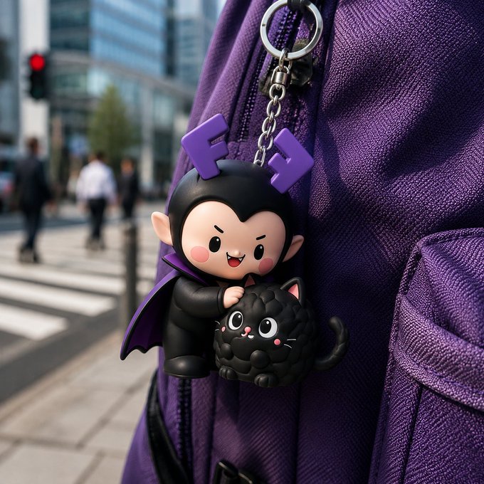 A close-up photo of a cute cartoon keychain attached to a purple backpack, featuring a small black-clad vampire/bat character with fangs hugging a round black cat, both with purple accents, set against an urban street background.