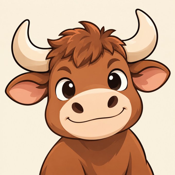 A cartoon illustration of a smiling brown bull character with large horns and expressive eyes, commonly used to symbolize bullish market sentiment.