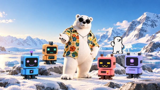 A 3D-rendered scene of a polar bear wearing sunglasses and a floral Hawaiian shirt standing in an arctic landscape surrounded by colorful pixel-art robot companions.