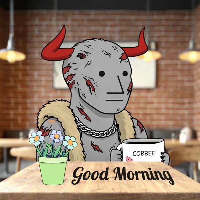 A cartoon illustration shows a gray, scarred character with red horns holding a "COBBEE" mug in a cafe setting, with a potted flower and "Good Morning" text on the table.