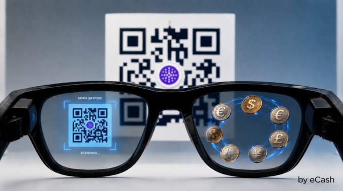 Black eyeglasses display a QR code scanning interface on the left lens with "SCAN QR CODE" and "SCANNING..." text, while the right lens shows floating euro, dollar, and pound currency symbols, all set against a large QR code backdrop, illustrating eCash's $Firma feature for seamless crypto-to-fiat QR code payments.