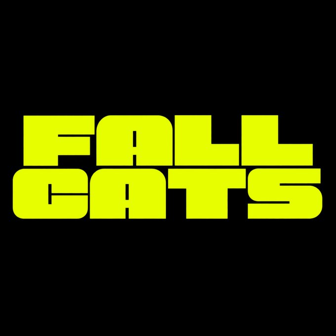 The 'FALL CATS' logo in bright neon green-yellow bold text on a black background.