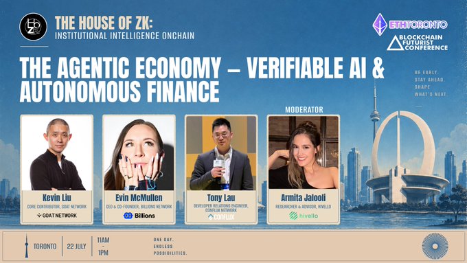 The image is a promotional flyer for a panel titled "THE AGENTIC ECONOMY — VERIFIABLE AI & AUTONAUTONOMOUS FINANCE," part of "THE HOUSE OF ZK: INSTITUTIONAL INTELLIGENCE ONCHAIN" event at the ETHToronto Blockchain Futurist Conference on July 22 at 11AM. It features four speakers—Kevin Liu (Goat Network), Evin McMullen (Billions), Tony Lau (Zircuit), and moderator Armita Jalooli (Nivoxo/Hive)—and aligns with the post's call to join CEO Kevin Liu in Toronto for a discussion on the agentic economy, hosted by HouseofZK, Futurist Conference, and ETHToronto.