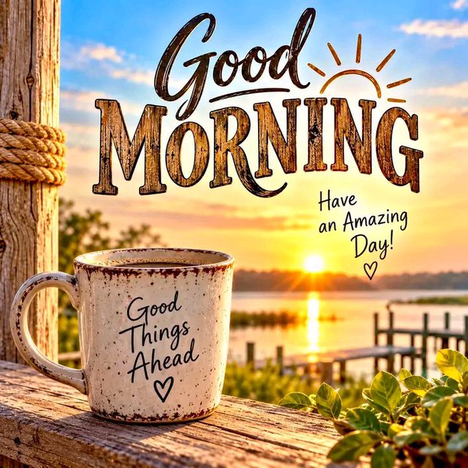 A 'Good Morning - Have an Amazing Day!' greeting card showing a ceramic mug reading 'Good Things Ahead' on a wooden surface with a sunrise over water.