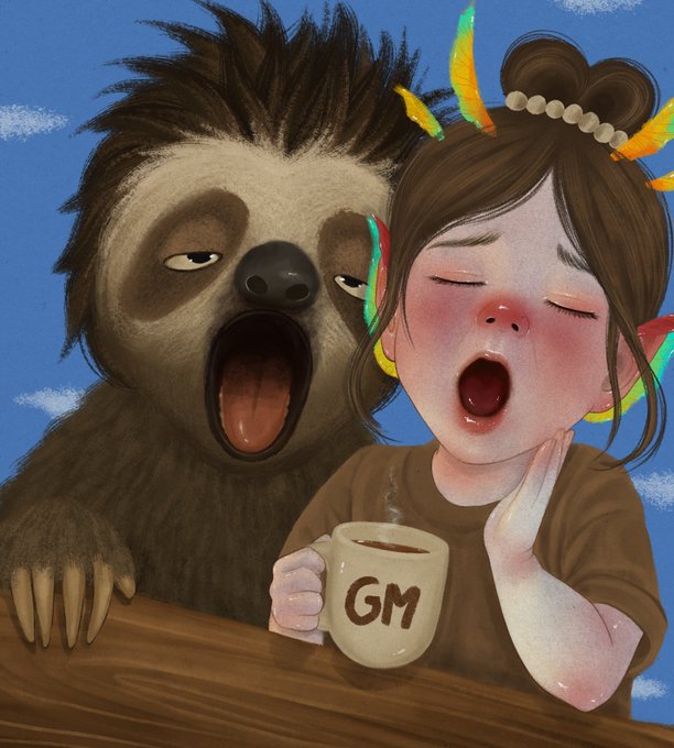 A digital painting showing a sloth yawning alongside a young girl also yawning, holding a coffee mug labeled "GM" against a blue sky background.