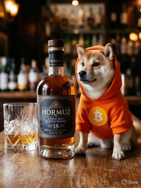 The image features a dog wearing an orange hoodie with the word "BET" written on it, sitting next to a bottle of Hormuz whisky and two glasses filled with ice water. The scene appears to be set at a bar or a similar establishment where people gather for drinks and socializing. The post seems to be related to the recent opening of the Strait of Hormuz by Donald Trump, which has been linked to the promotion of peace talks between the United States and Iran. The image captures the celebratory atmosphere surrounding this event, with the dog's hoodie serving as a symbol of unity or support for the peace talks.
