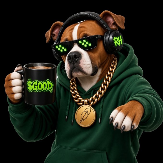 A stylized illustration of a bulldog wearing pixelated green sunglasses, a green hoodie, a gold chain, and headphones with 'RH' on them, holding a black mug that says '$GOOD$.'