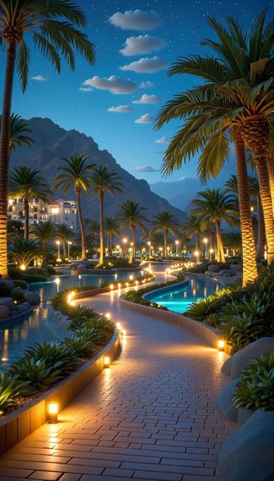 A serene night scene of a luxurious resort pathway lined with glowing lanterns, palm trees, and reflective pools under a starry sky. The tranquil setting mirrors the post's message about finding value in mindful, everyday choices, evoking the peacefulness and consistency that the TimeSoul ecosystem promotes.