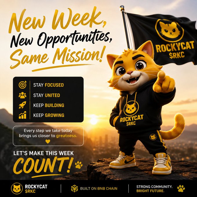 A motivational crypto graphic features a cartoon orange cat in a black 'ROCKYCAT $RKC' hoodie standing on a mountain peak, with text reading 'New Week, New Opportunities, Same Mission!' and 'Built on BNB Chain'.