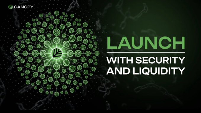 A dark graphic featuring the Canopy logo on a network of green nodes resembling a blockchain, with the bold text "LAUNCH WITH SECURITY AND LIQUITY." The image visually reinforces the post's emphasis on security and liquidity as essential foundations for blockchain launches, aligning with Canopy's value proposition.