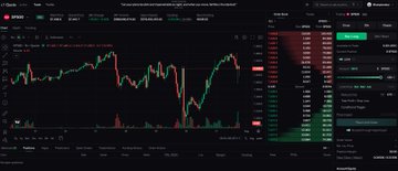 The image shows a financial trading chart from an online trading platform, displaying candlestick price movements and a volume histogram for what appears to be a stock or cryptocurrency asset, with a watchlist on the right side showing various ticker symbols. This relates to the post by promoting the QuoteMarkets platform, where the chart demonstrates the type of trading execution and market analysis tools users gain access to with the Gold Tier membership being promoted.