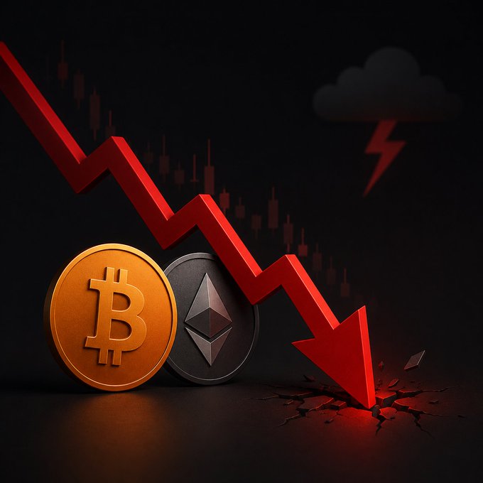 A 3D illustration depicts a downward-trending red arrow piercing through the surface, accompanied by falling Bitcoin and Ethereum coins, with a storm cloud and lightning in the background, symbolizing a crypto market crash.