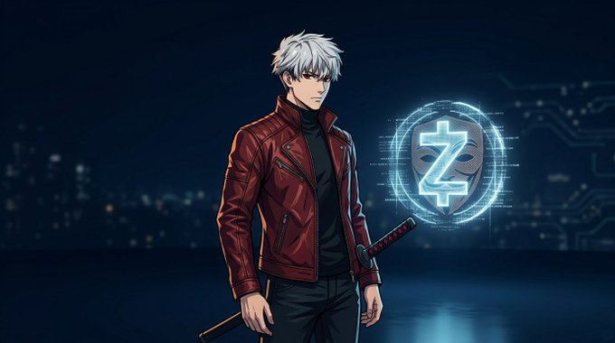 Anime-style illustration of a silver-haired man in a red leather jacket holding a katana, standing next to a glowing Zcash (ZEC) cryptocurrency emblem with a city skyline background.