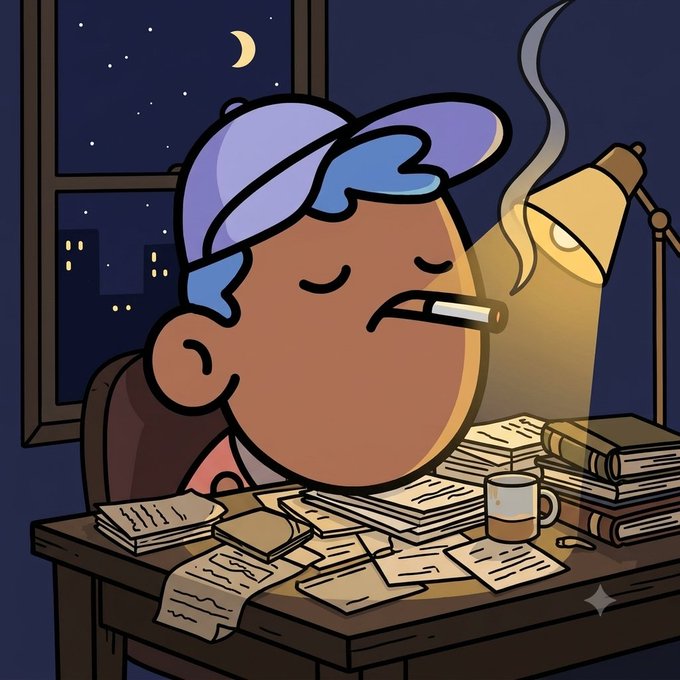 A cartoon character with a purple and blue cap rests at a cluttered wooden desk covered in papers and books, smoking a cigarette under a warm desk lamp while a night sky with a crescent moon is visible through the window behind them.