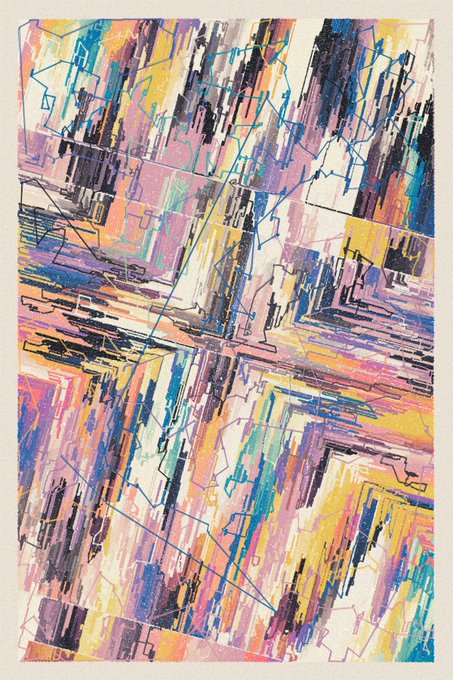 An abstract painting with vertical streaks of pink, blue, purple, yellow, and black, overlaid with thin geometric lines and shapes.