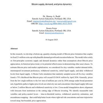 Academic paper titled 'Bitcoin supply, demand, and price dynamics' by Dr. Murray A. Rudd and Deniz Porter, dated 10 August 2025, proposing a quantity-clearing model of Bitcoin price formation.