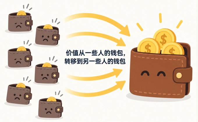 A cartoon illustration depicts sad-faced wallets transferring gold coins via yellow arrows to one large, happy wallet, with Chinese text translating to 'Value is transferred from some people's wallets to other people's wallets.'