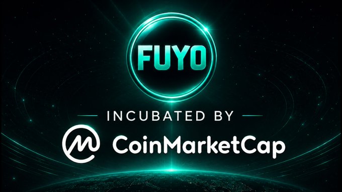 A dark promotional graphic displaying a glowing teal 'FUYO' logo with text reading 'INCUBATED BY CoinMarketCap' beneath it.