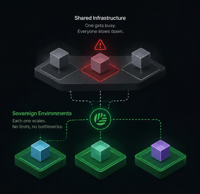 Conceptual diagram contrasting 'Shared Infrastructure' (one busy cube slowing everything down) with 'Sovereign Environments' (independent scalable cubes with no bottlenecks).