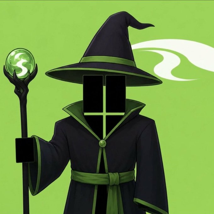 The image features a cartoon character dressed as a wizard, wearing a black hat with green trim and holding a wand. The background of the image is a vibrant green color, which complements the character's outfit. In the bottom right corner of the image, there is text that reads "Solana is MAGIC INTERNET M◎NEY". This phrase seems to be related to the cartoon character or the post it appears in, possibly indicating a connection between the character and the popular fantasy series "Solana" on the internet.