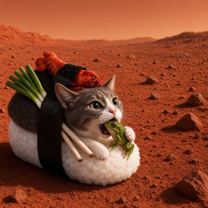 A whimsical image features a cat with wide eyes biting a green frog, nestled inside a sushi roll with shrimp and scallions on a red, Mars-like desert landscape.