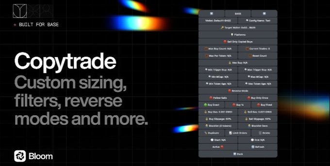Promotional graphic for Bloom's 'Copytrade' tool built for Base, highlighting 'Custom sizing, filters, reverse modes and more' alongside a screenshot of the platform's interface.