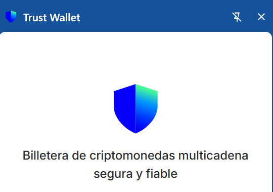 A loading or promotional screen for the 'Trust Wallet' app, featuring a blue and green shield logo and the Spanish tagline 'Billetera de criptomonedas multicadena segura y fiable.'