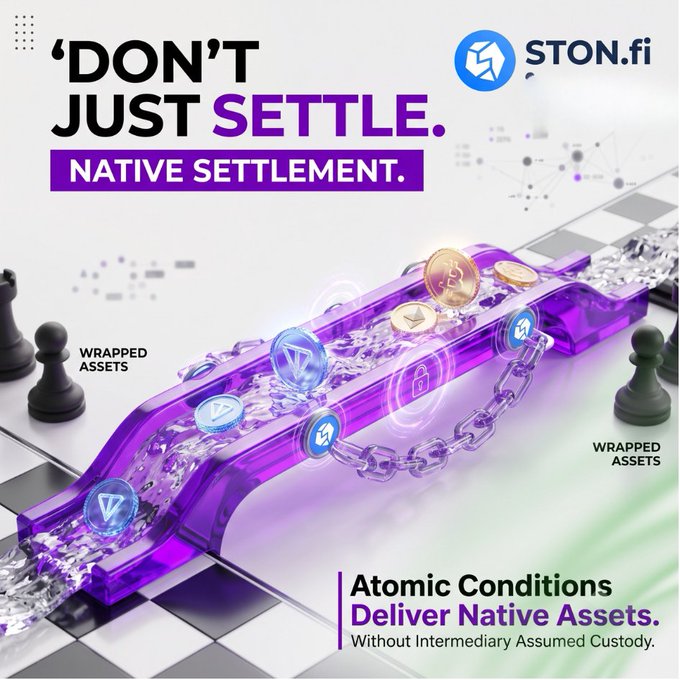 A promotional graphic for STON.fi features the text 'DON'T JUST SETTLE. NATIVE SETTLEMENT.' with a 3D illustration of a chess board and a purple pathway representing atomic conditions delivering native assets.