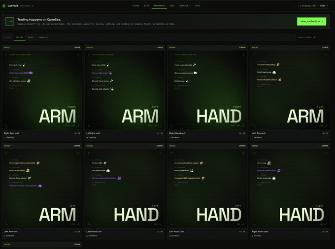 A dark-themed dashboard titled 'Trading happens on OpenSea' showing multiple non-fungible token (NFT) listings for 'ARM' and 'HAND' prosthetic parts, each with a price of 0.45 ETH and labeled by body part (e.g., 'Right Arm unit', 'Left Hand unit').