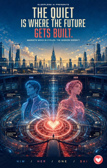 A futuristic sci-fi poster from "Sleepless AI" featuring a male (HIM) and female (HER) digital figure beneath a glowing heart symbol amid a high-tech cityscape, promoting "The Quiet Is Where The Future Gets Built." The text "MARKETS MOVE IN CYCLES. THE MISSION DOESN'T." reinforces themes of resilient innovation in companion models, memory systems, and open access—aligned with the post's message about steady, mission-driven progress.