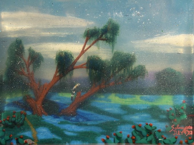A painted artwork depicting a landscape with two reddish-brown trees with hanging moss, a blue river, and a starry sky, signed 'Schmiegato July 2020'.