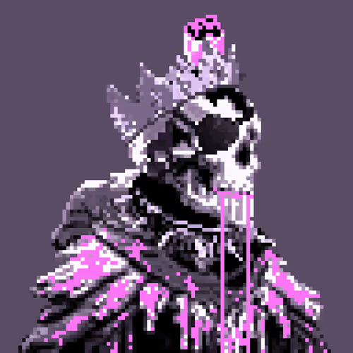 A pixel art illustration of a dark, armored character with a skull-like face wearing a crown and dripping with pink liquid.
