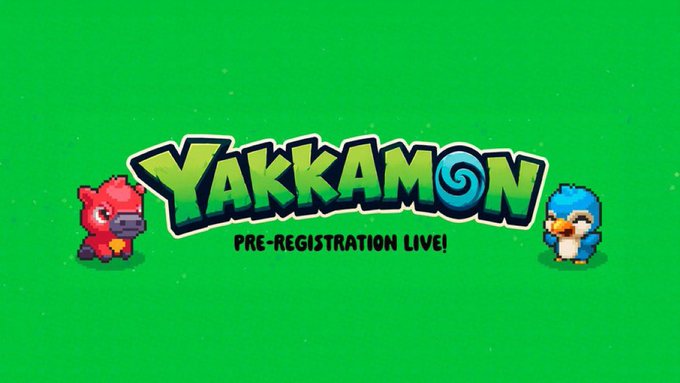 A bright green banner for 'Yakkamon' features the game's logo with a 'PRE-REGISTRATION LIVE!' subtitle, flanked by a red dinosaur and a blue penguin character.