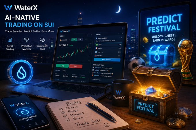 Promotional graphic for WaterX, an AI-native trading platform on SUI featuring 'Perps Trading', 'Prediction Markets', and a 'Predict Festival' with rewards and treasure chests.