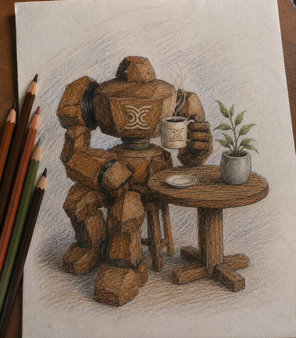The image features a cartoon drawing of a robot sitting at a table with a cup of coffee, surrounded by colored pencils. The drawing depicts an interesting scene where the robot appears to be drinking from a cup while holding a plant. The post also mentions that this drawing is related to Seismic Reth and Intel TDX enclaves.