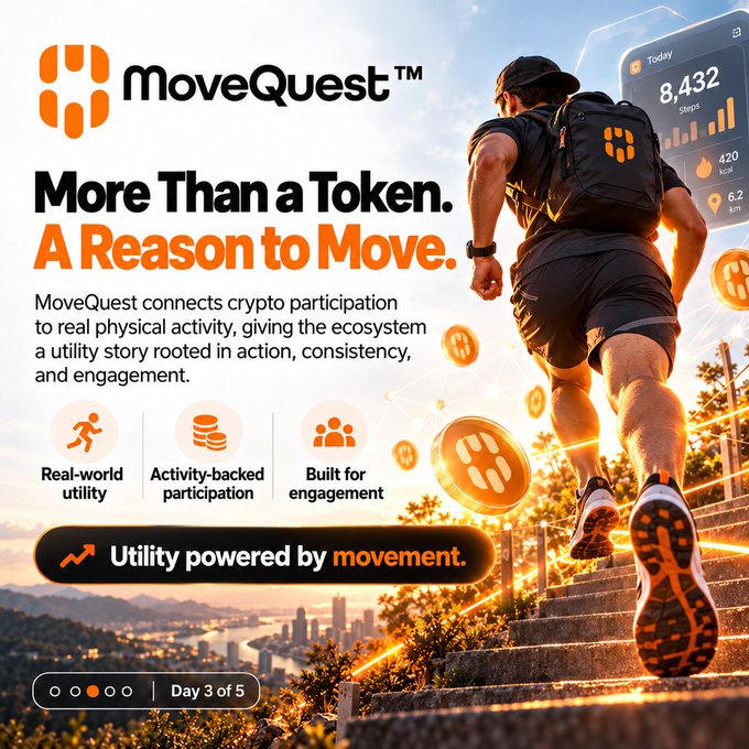 An advertisement for MoveQuest reads 'More Than a Token. A Reason to Move,' promoting real-world utility, activity-backed participation, and engagement, with 'Utility powered by movement.'