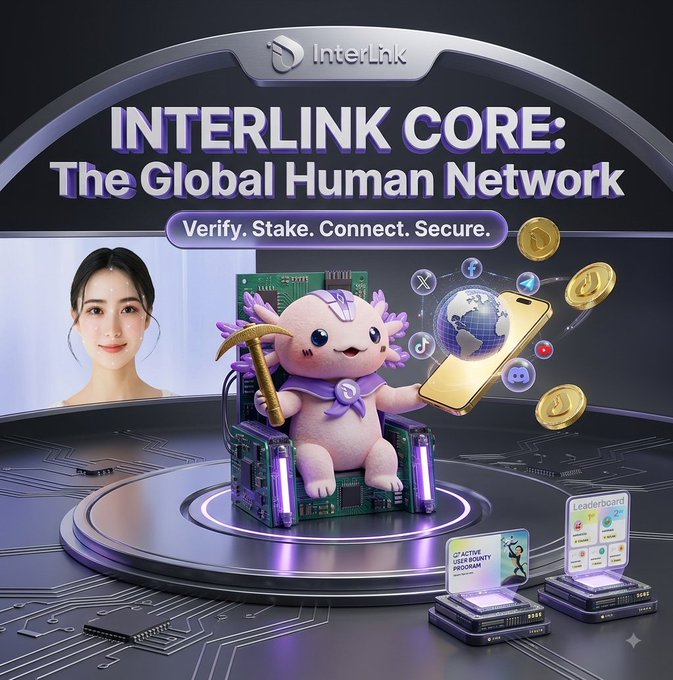 An advertisement for 'INTERLINK CORE: The Global Human Network' featuring the tagline 'Verify. Stake. Connect. Secure.', with a pink axolotl mascot holding a pickaxe and a smartphone, surrounded by floating icons including TikTok, X, and gold coins.