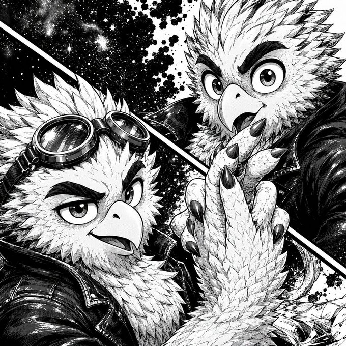 A black and white manga-style illustration featuring two anthropomorphic bird characters with spiky feathers, one wearing goggles and the other displaying a fierce expression with clawed hands, set against a starry cosmic background.