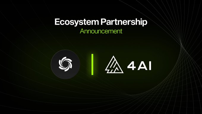 The image displays an "Ecosystem Partnership Announcement" graphic on a dark background with green accents, featuring the Ozak AI logo (a swirl symbol) alongside the "4 AI" logo, visually representing the partnership between Ozak AI and the 4AI decentralized AI community on BSC.
